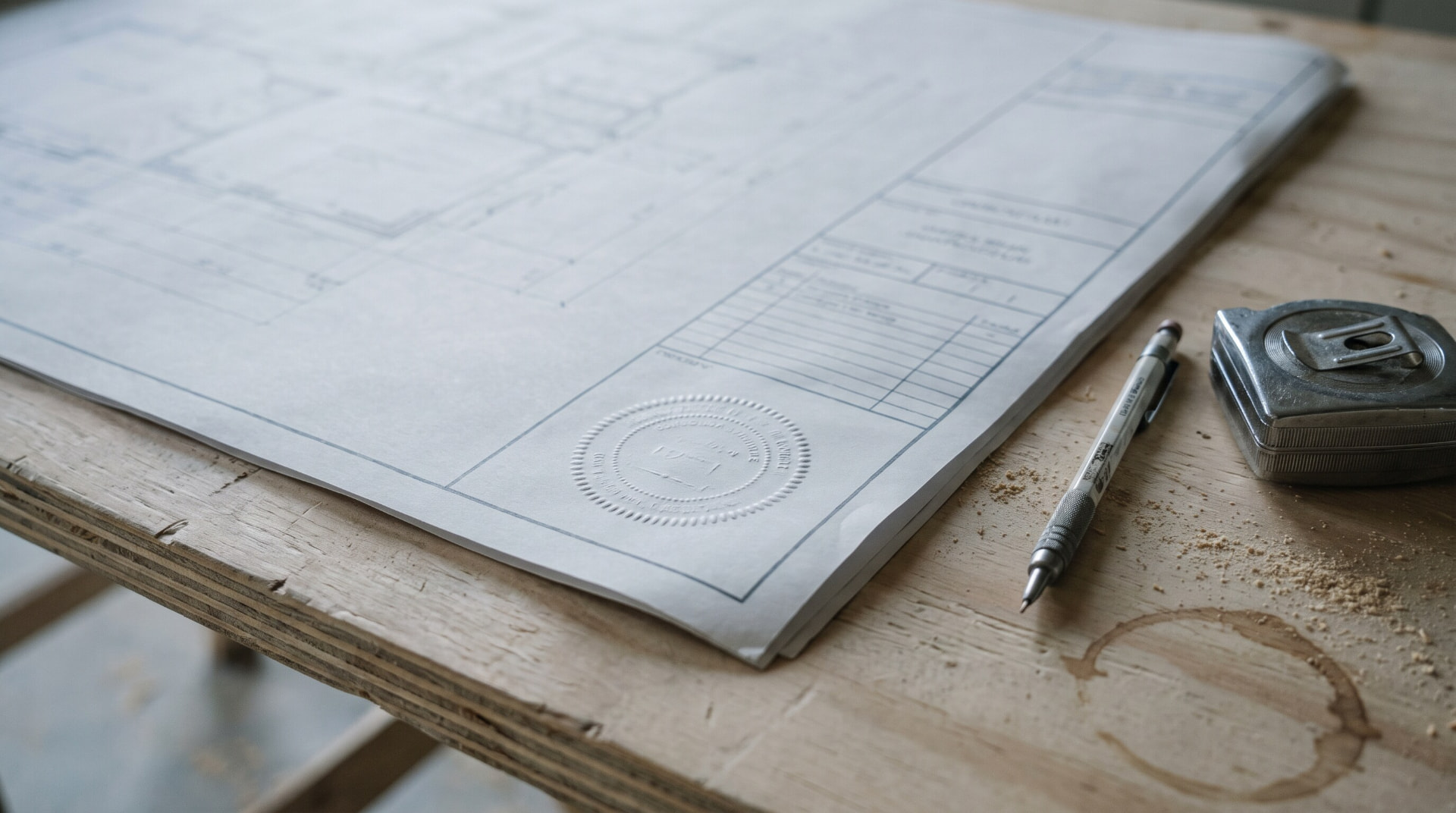 An embossed circular seal impression raised in the corner of a large format construction drawing sheet