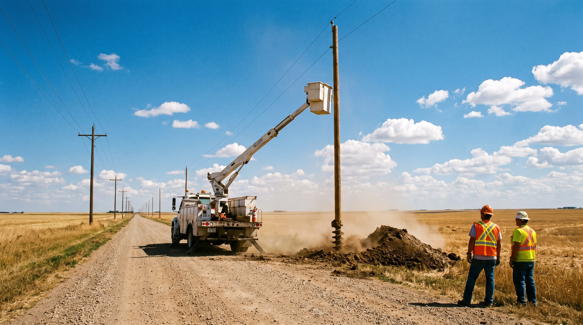 A line crew truck setting a new distribution pole along a right of way corridor across open farmland