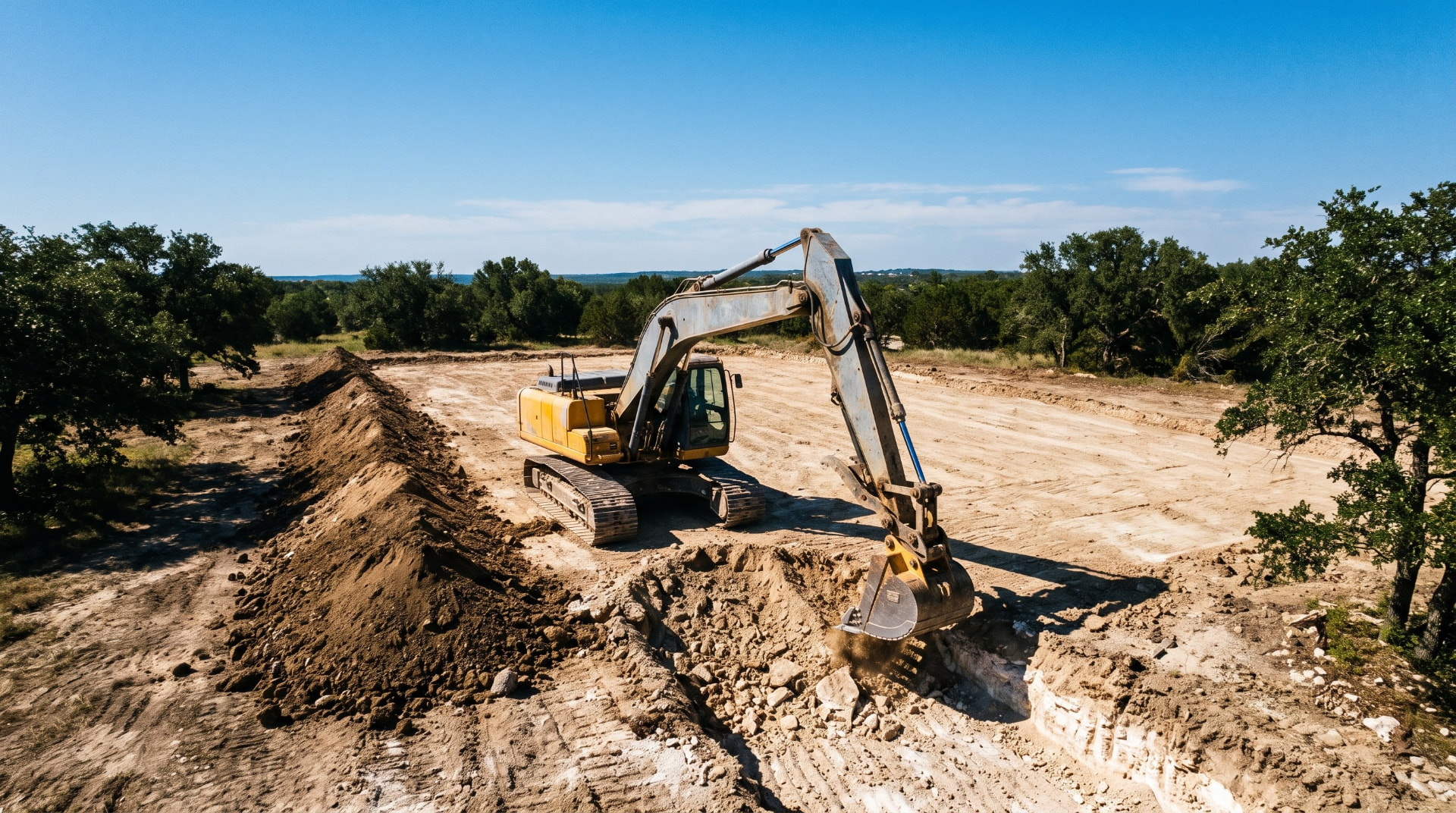 A tracked excavator cutting a rectangular building pad, with stripped topsoil windrowed into a berm alongside