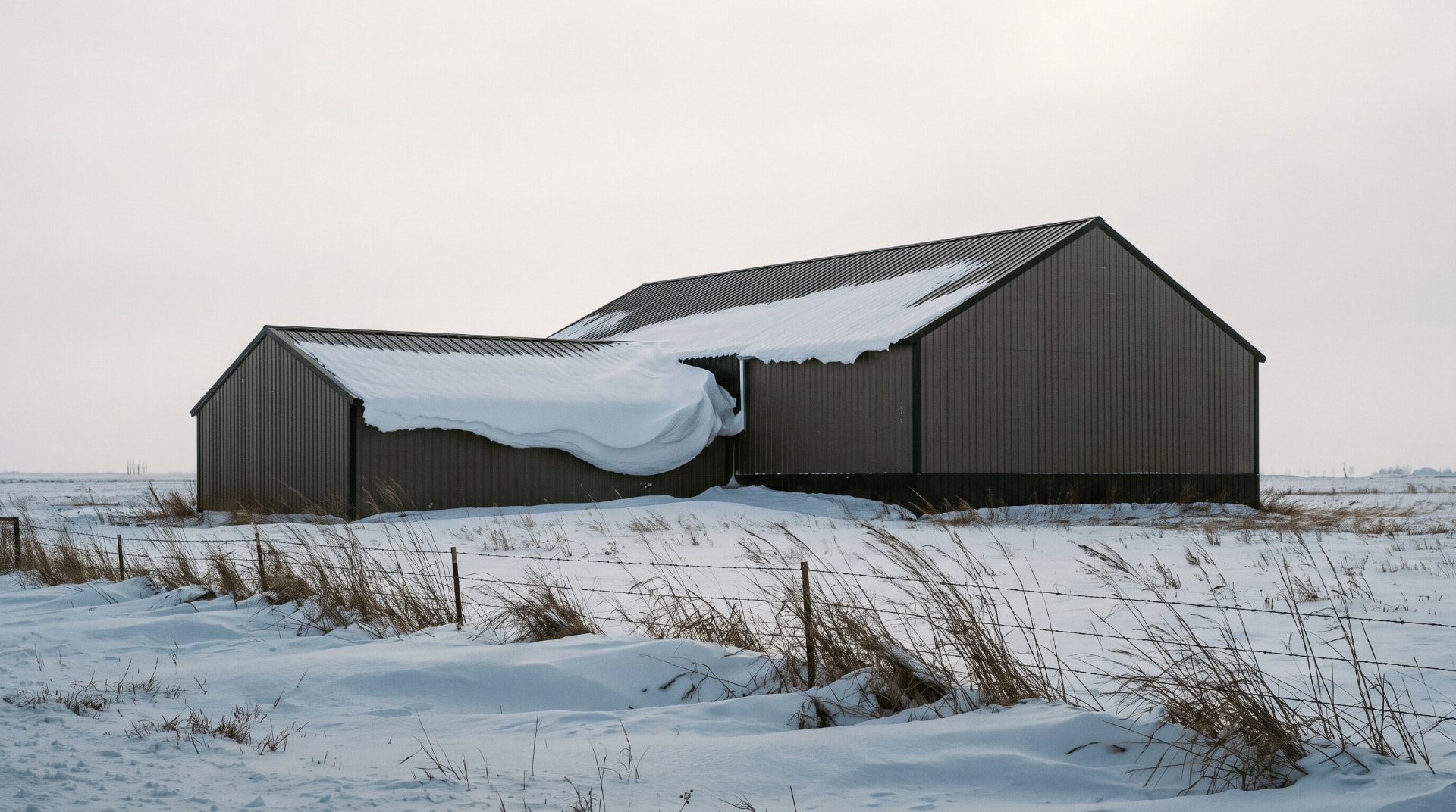 A post frame roof with a deep wind formed snow drift built against one eave and the other side nearly bare