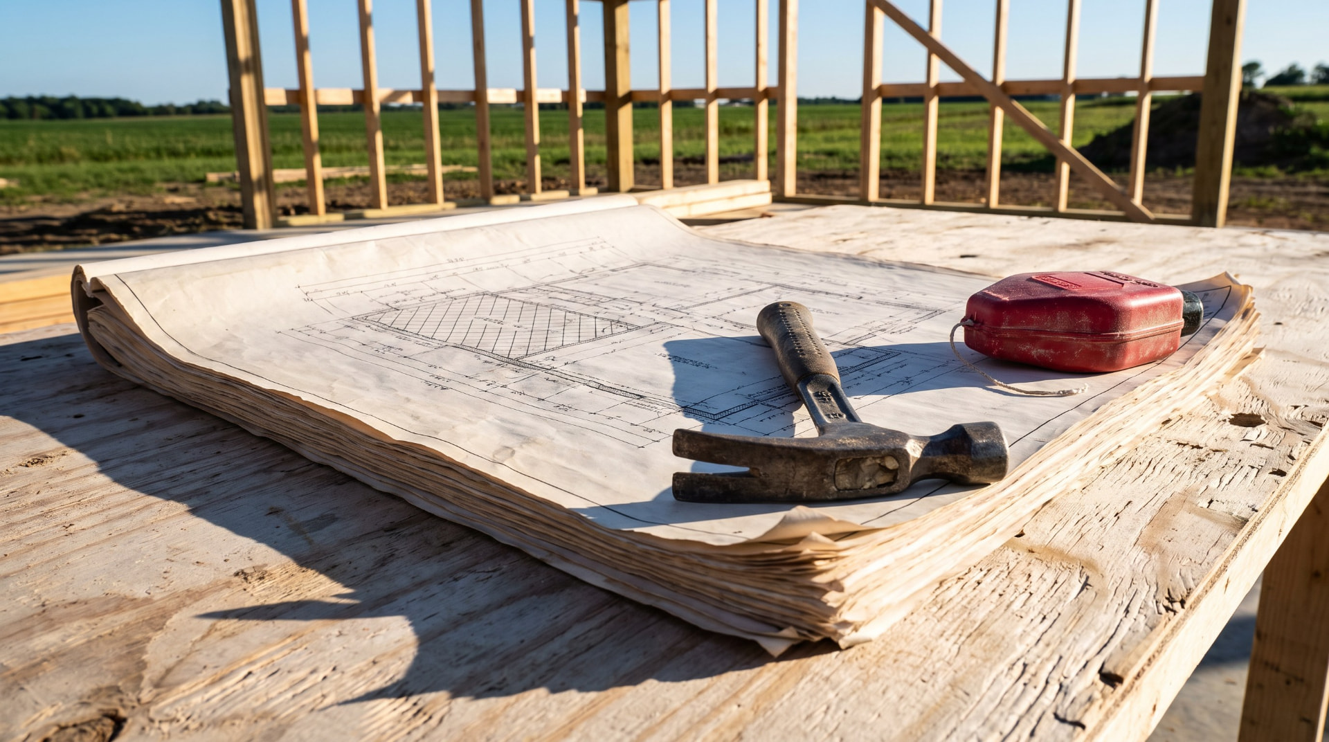 A thick stack of large format construction drawings weighted down on a plywood table on an active site