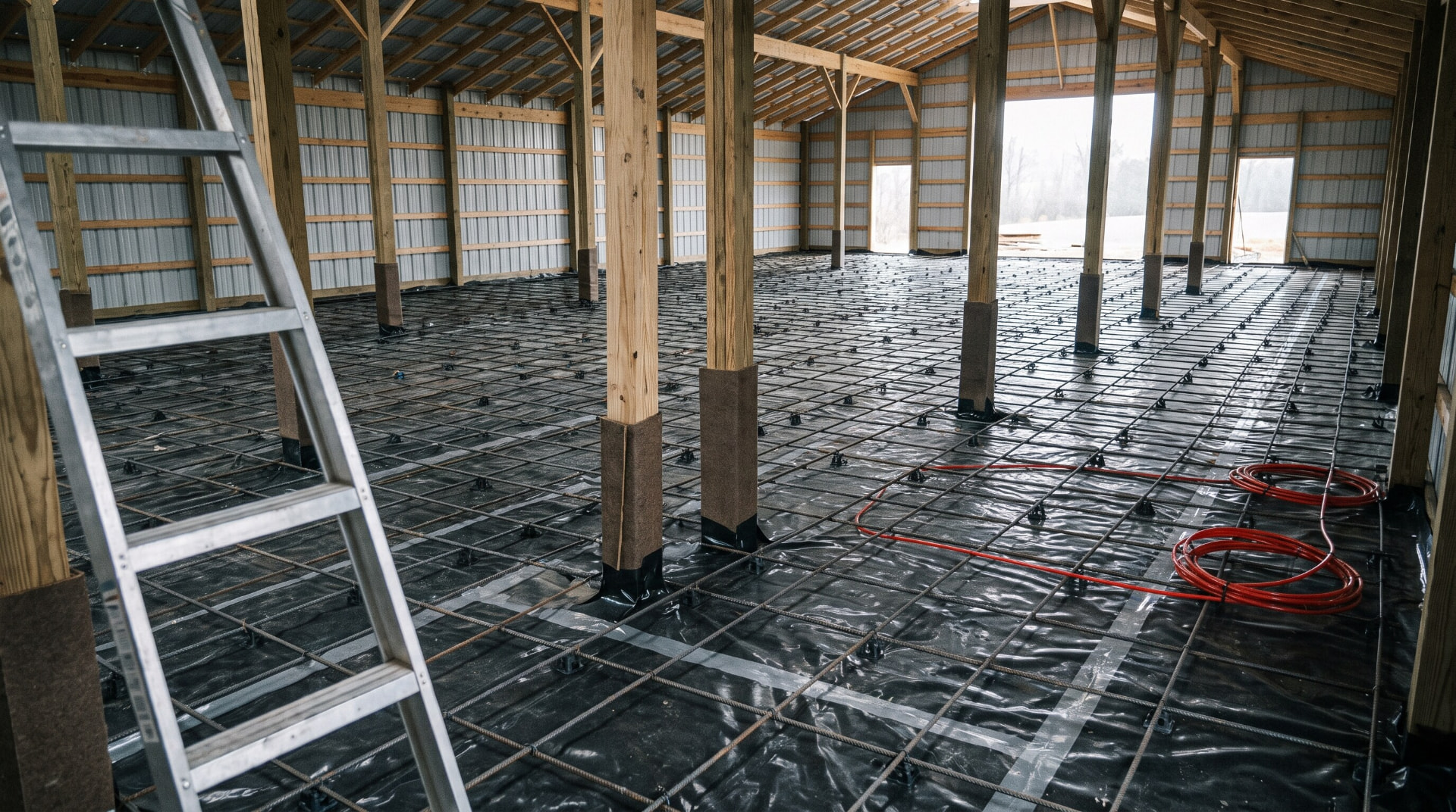 Vapor barrier, tied rebar on chairs and radiant tubing laid across a post frame floor before the pour