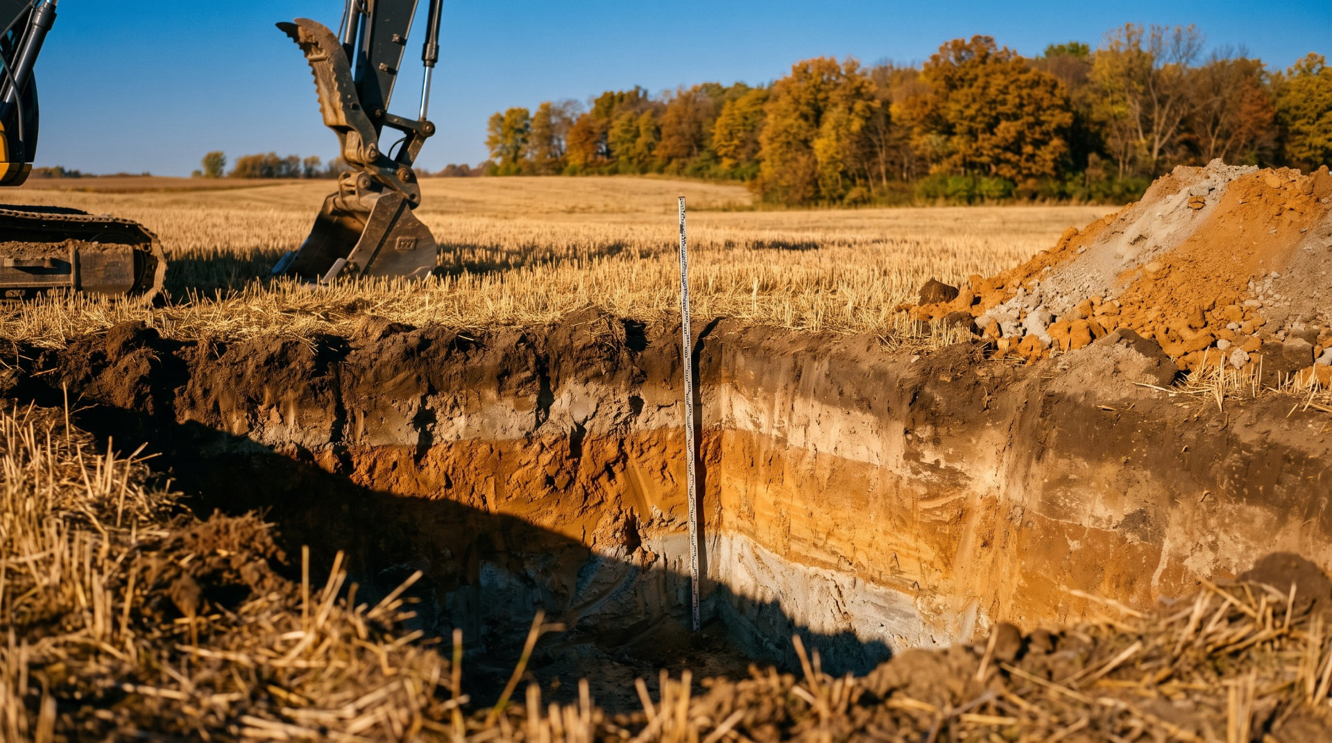 The vertical wall of a backhoe dug test pit showing banded soil horizons from topsoil down to parent material