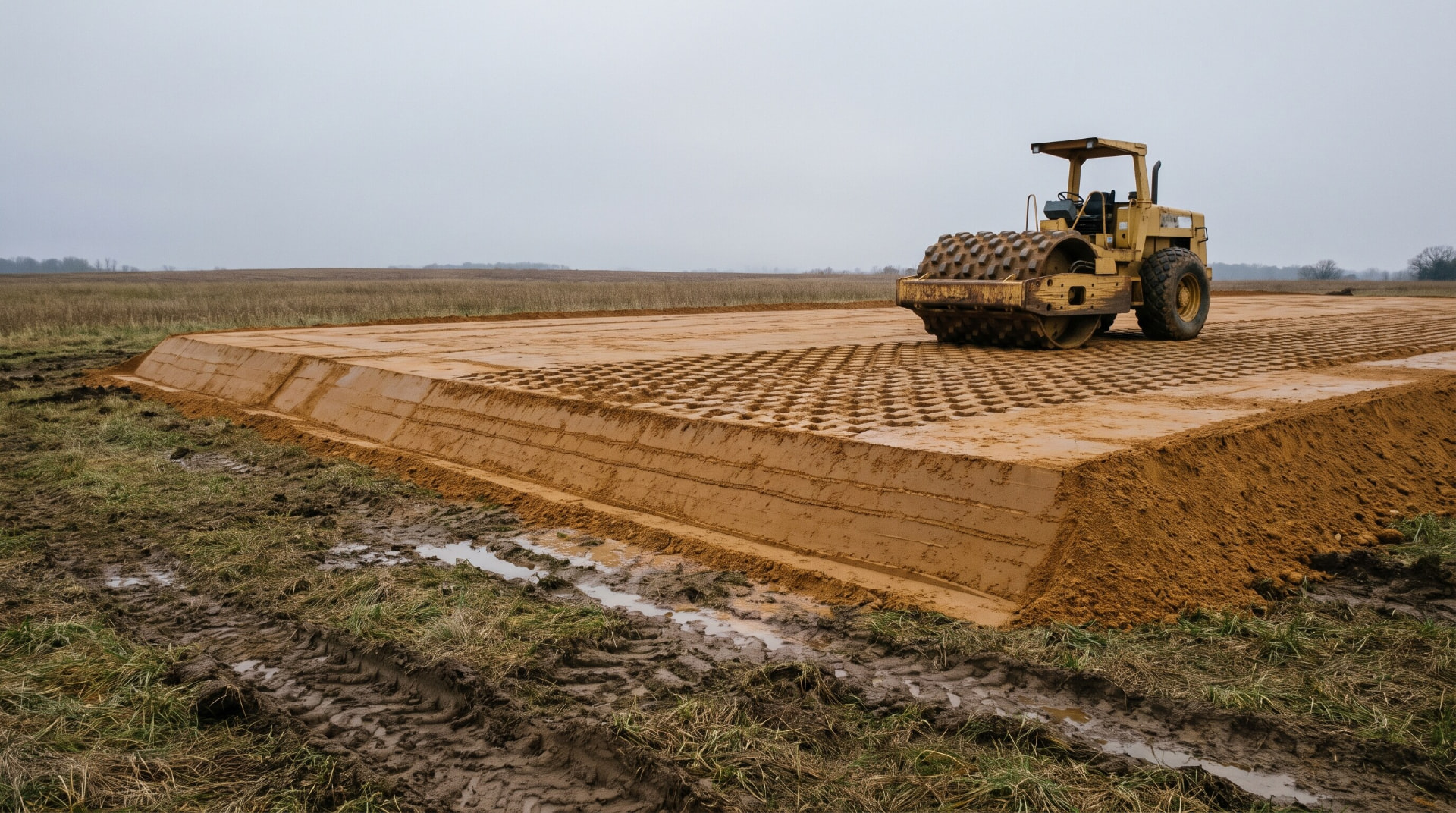 A sheepsfoot roller on a raised building pad with horizontal lift lines visible in the cut edge