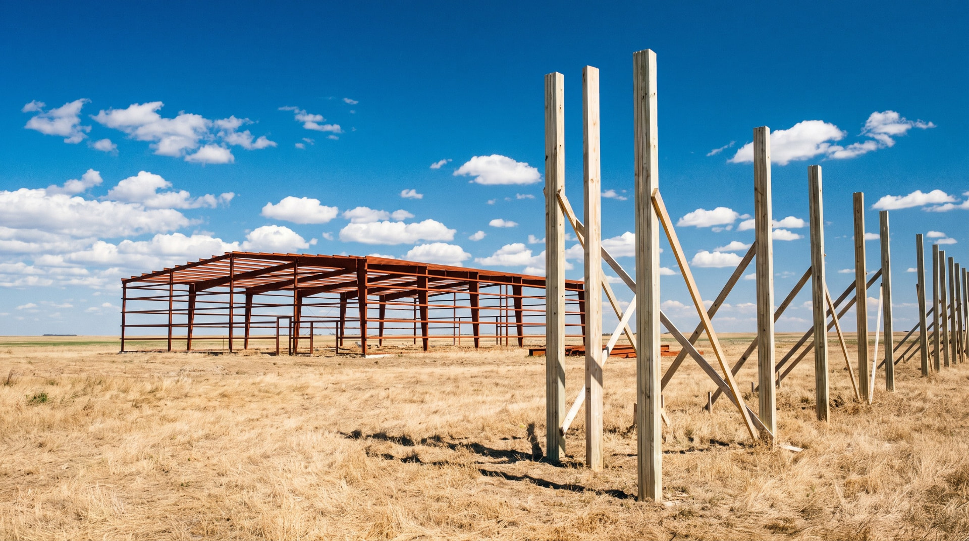 A red iron steel building frame and a post frame column line standing incomplete on the same site