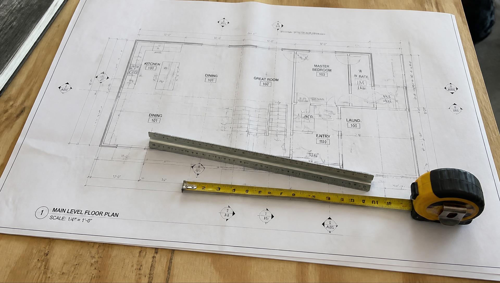 A large format floor plan sheet spread on a plywood table with a triangular architect's scale and a tape measure laid across a dimension string